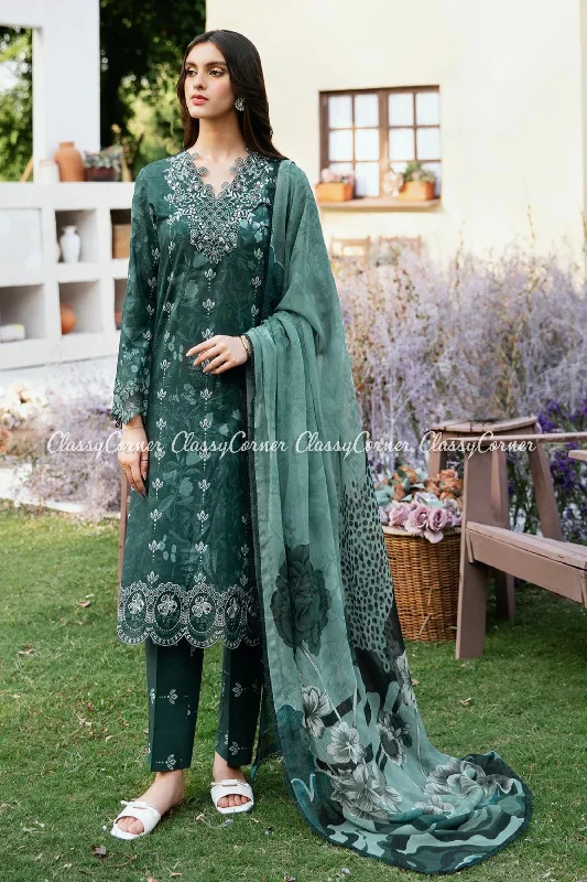 Dark Green Printed Pakistani Lawn Suit Flattering floral dresses for all body types