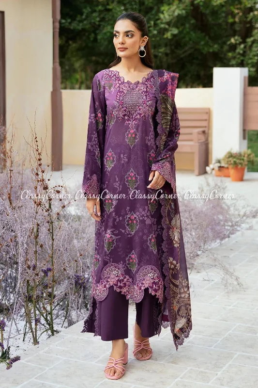 Dark Purple Lawn Printed 3PC Suit Luxury floral dresses