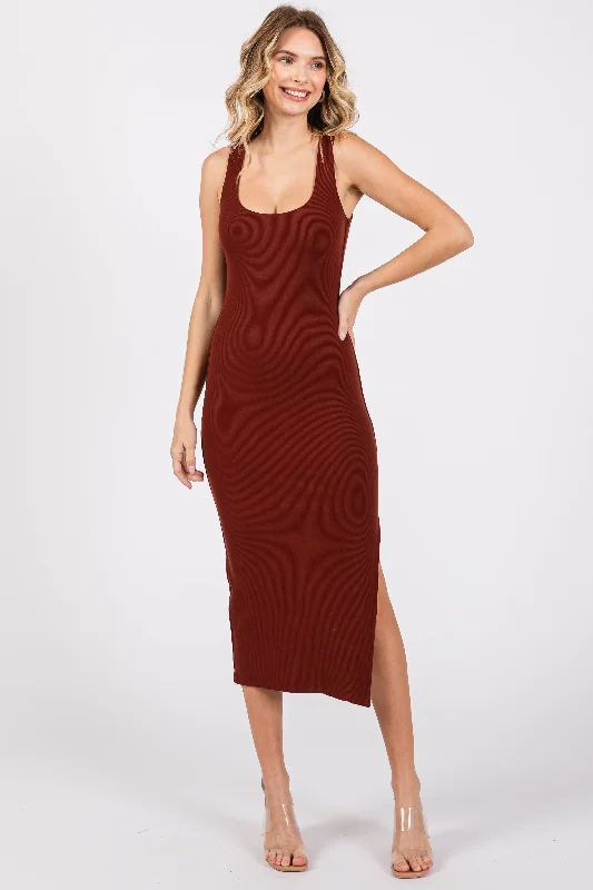 Dark Rust Ribbed Knit Sleeveless Side Slit Dress Lace unclassified dresses