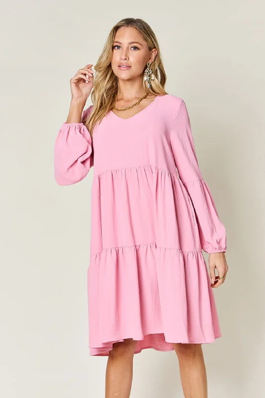 Double Take Full Size V-Neck Balloon Sleeve Tiered Dress with Pockets Lightweight unclassified dresses