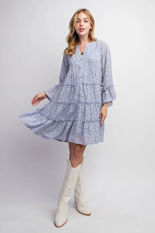 Dusty Blue Textured Chiffon Button Down Woven Dress Denim unclassified dresses