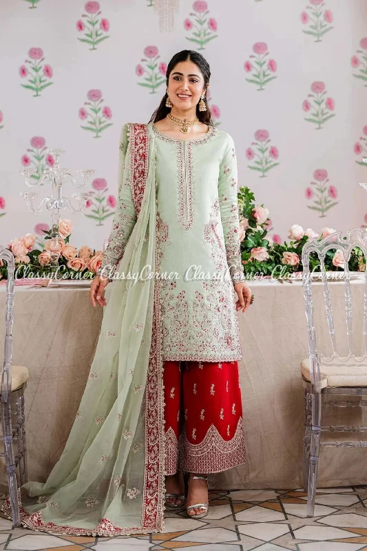 Elegant Mint Red Silk Embroidered Salwar Kameez Corset unclassified dresses