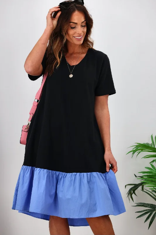 Elm Elle V Neck Dress Black with Cerulean Blue Monochrome unclassified dresses