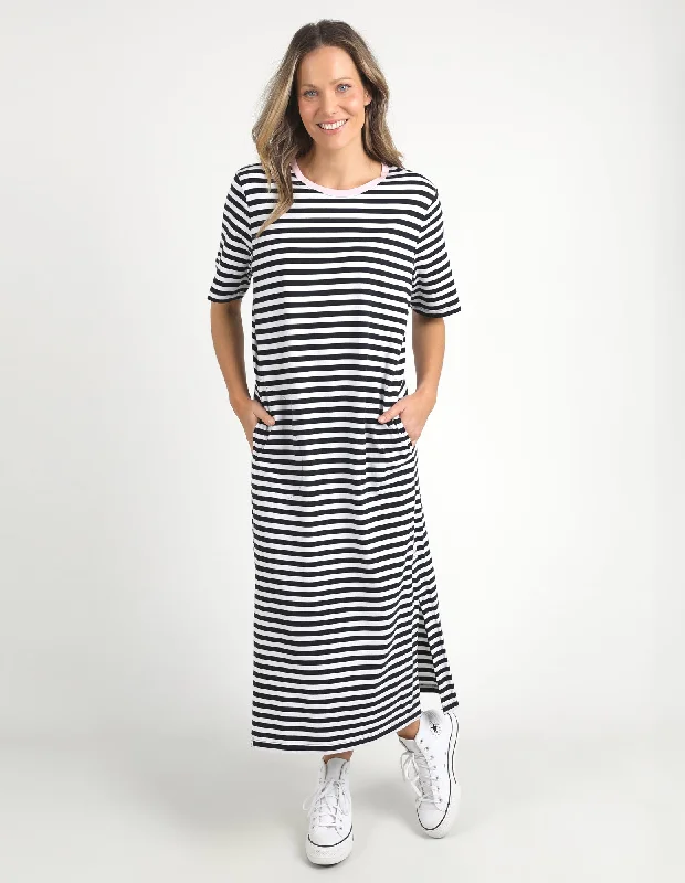 Elm Merry Tee Dress Navy Stripe/Pink Neck Band Wedding guest unclassified dresses