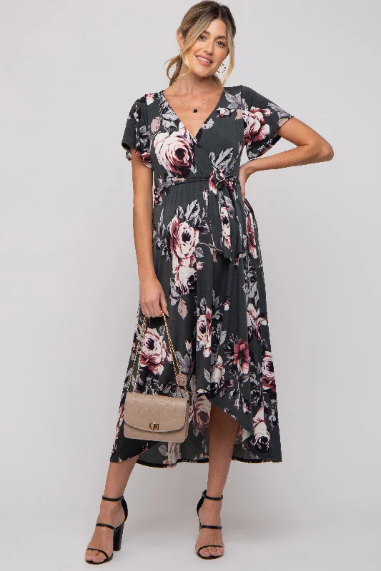 Forest Green Floral High-Low Maternity Wrap Dress Chic floral dresses