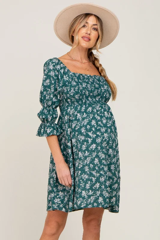 Forest Green Floral Ruffle Sleeve Smocked Maternity Dress Fashion Nova floral dresses