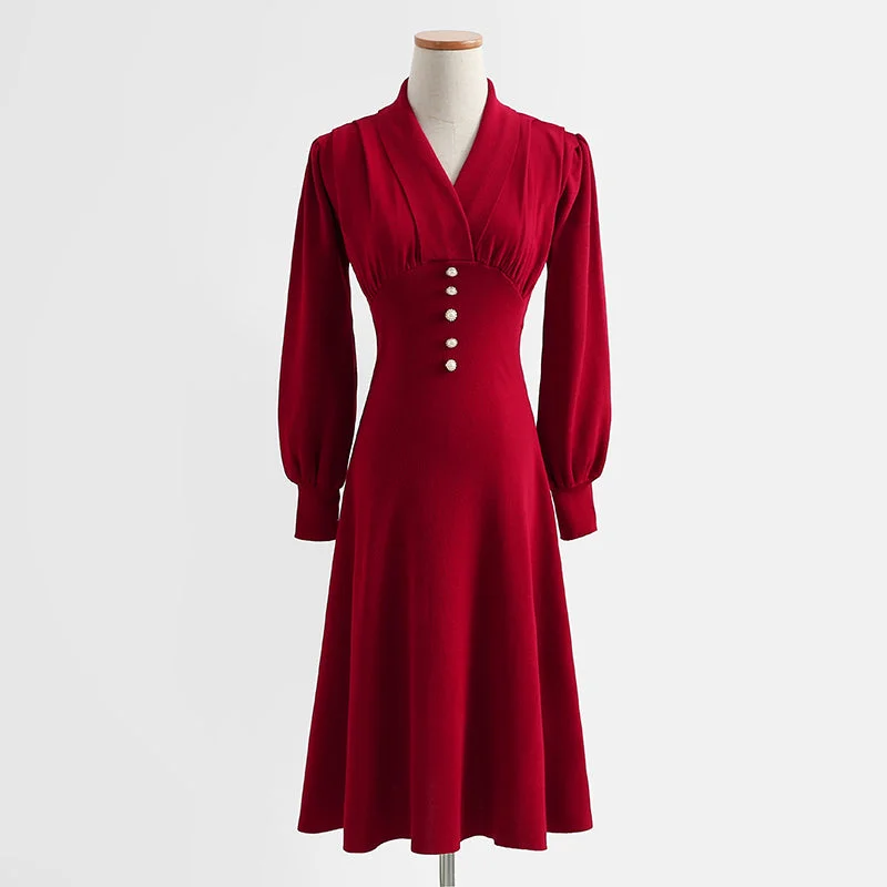 French retro noble and elegant temperament red knitted dress  2197 Unique unclassified dresses