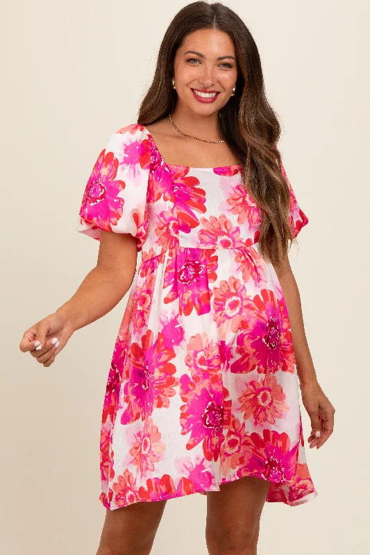 Fuchsia Floral Puff Sleeve Maternity Dress Smocked floral dresses