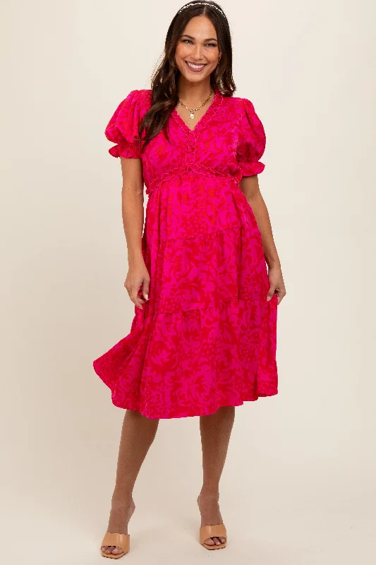 Fuchsia Print Ruffle Trim Tiered Maternity Dress Chiffon floral dresses