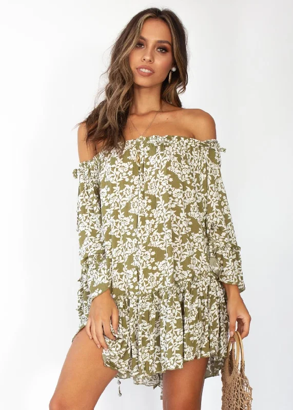 Gracie Off Shoulder Dress - Khaki Floral Fashion Nova floral dresses