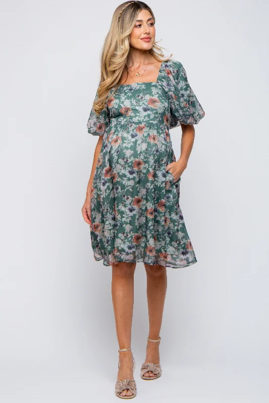 Green Floral Puff Sleeve Maternity Dress Chic floral dresses