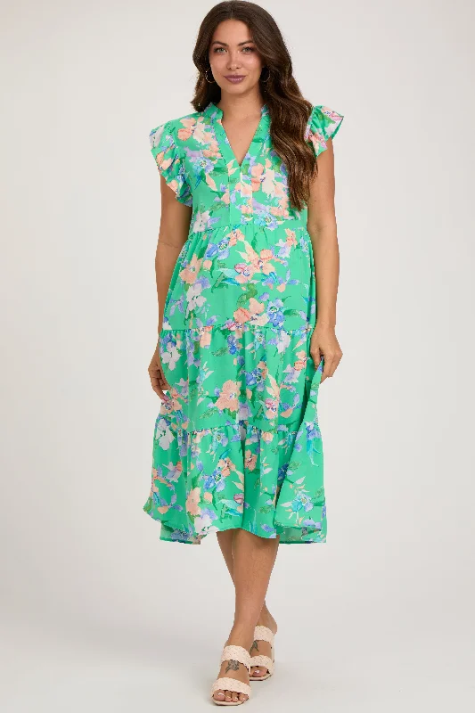 Green Floral Ruffle Tiered Maternity Dress Best floral dresses for casual outings