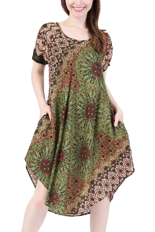 Green Flower Mandala Dress with Sleeves and Two Pockets Elegant unclassified dresses