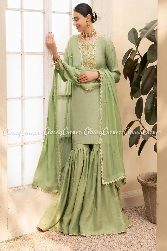 Green Khaddi Silk Pakistani Readymade Gharara Earthy tone unclassified dresses