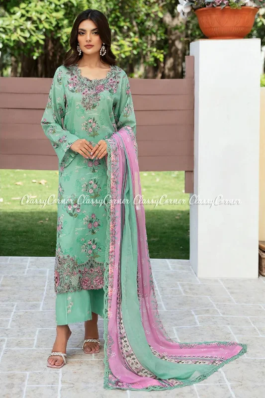 Green Lawn Printed Pakistani Suit Flowy floral dresses