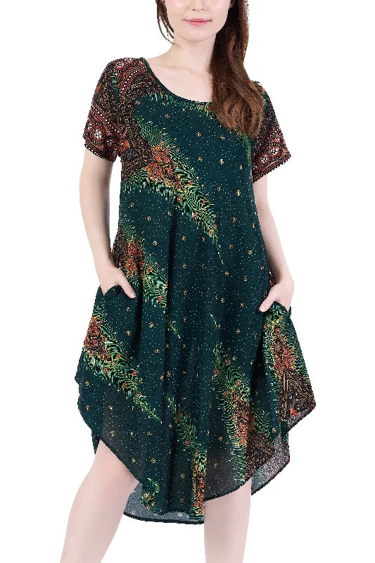 Green Peacock Fabric Dress with Sleeves and Two Pockets Travel unclassified dresses