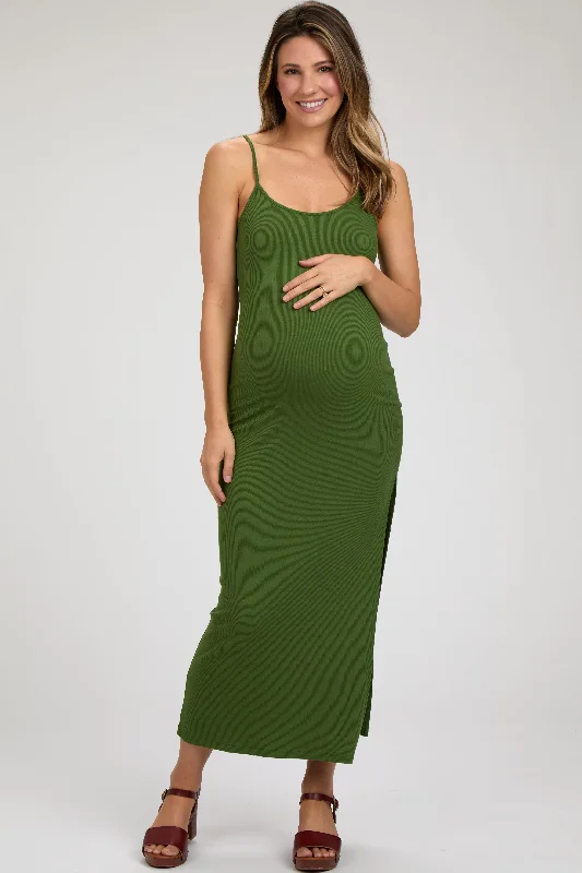 Green Ribbed Sleeveless Side Slit Maternity Dress Striped unclassified dresses