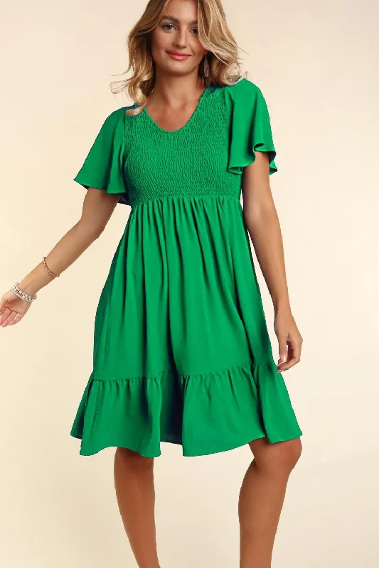 Green Smocked Ruffle Hem Dress Long sleeve unclassified dresses