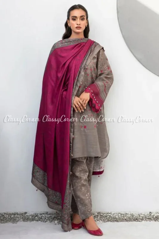 Grey Magenta Khaddar Embroidered Casual Salwar Kameez Best-selling unclassified dresses