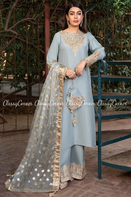 Ice Blue Khaddi Silk Readymade Salwar Kameez Office unclassified dresses