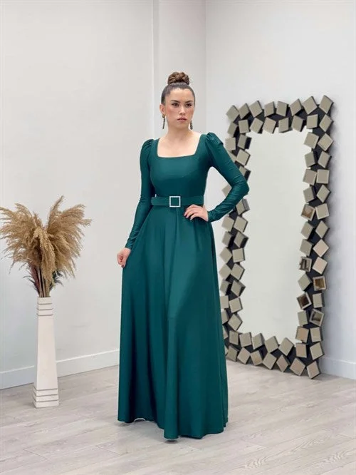 Import Crepe Satin Fabric Square Neck Collar Summary Dress - Emerald Green Plus size unclassified dresses