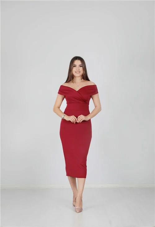 Kayık Collar Pen Dress - Burgundy Cocktail unclassified dresses