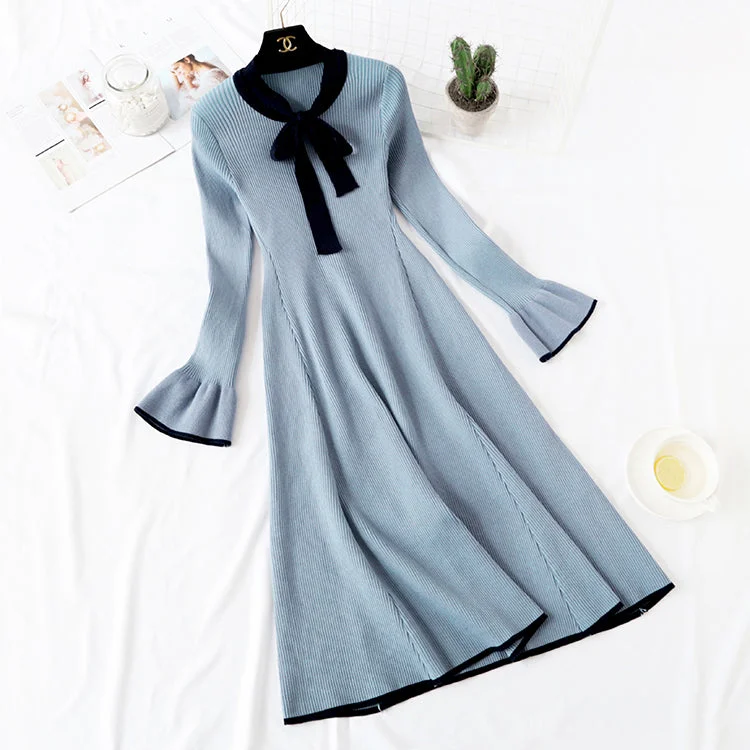 Knitted dress women's new French retro knee length wool dress  2144 Breathable unclassified dresses