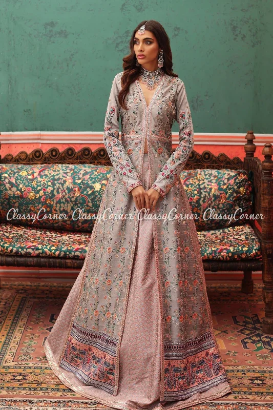 Light Grey Raw Silk Embroidered Gown With Lehenga Outfit Flowy unclassified dresses