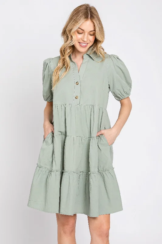 Light Olive Collared Tiered Dress Comfortable unclassified dresses