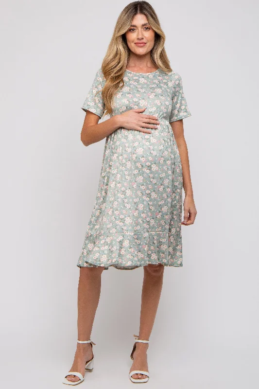 Light Olive Floral Knit Short Sleeve Maternity Dress Floral dresses under $100