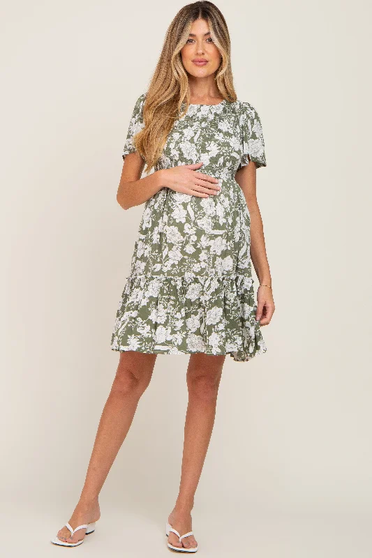 Light Olive Floral Smocked Ruffle Accent Maternity Dress Sexy floral print dresses