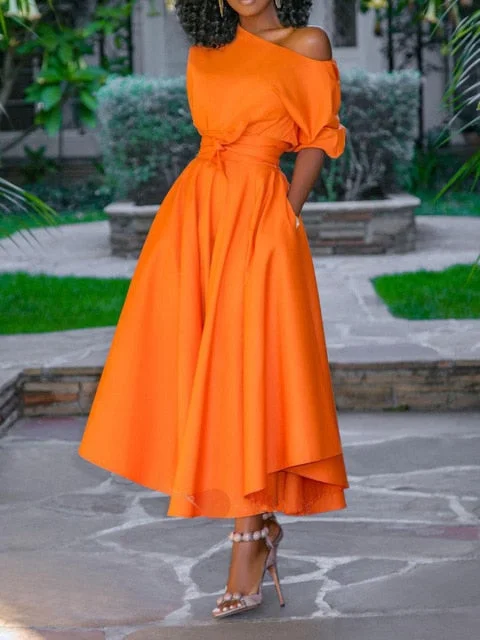 Amy Fashion - A Line Pleated Orange Elegant Dress Off-shoulder unclassified dresses