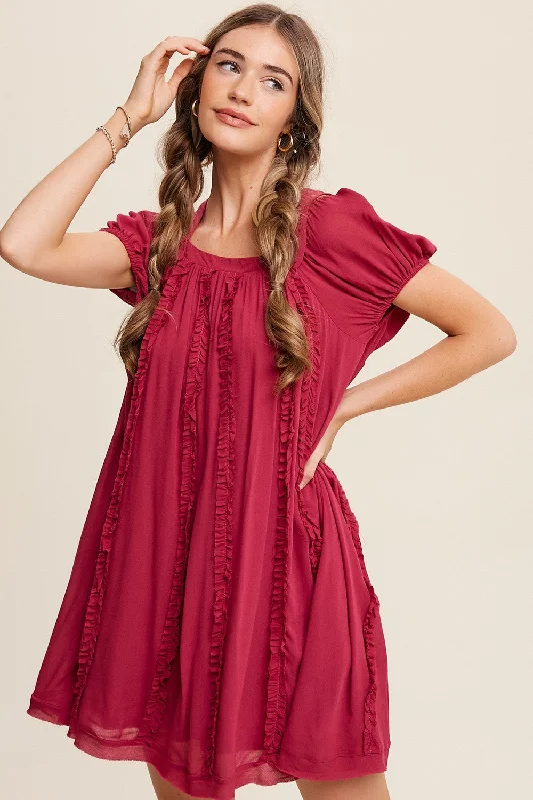 Magenta Square Neck Puff Sleeve Flowy Dress With Ruffle Lace unclassified dresses