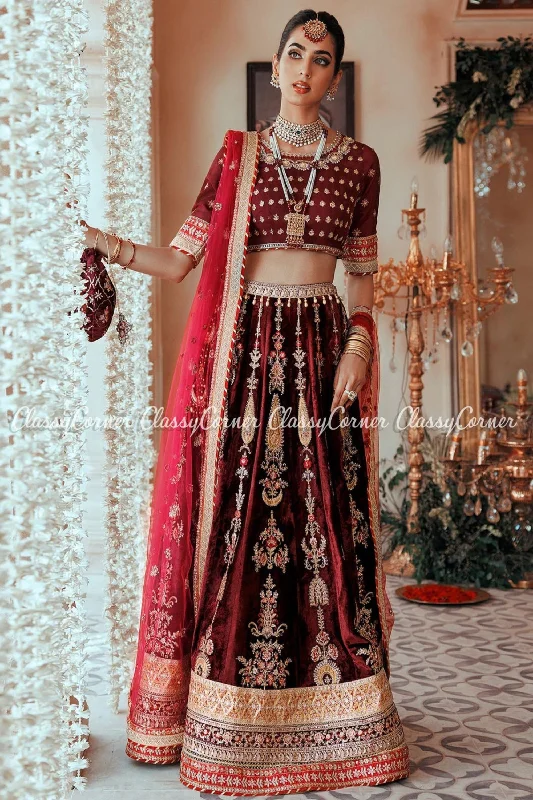 Maroon Golden Embroidered Pakistani Bridal Wear Lehenga Outfit Budget-friendly unclassified dresses