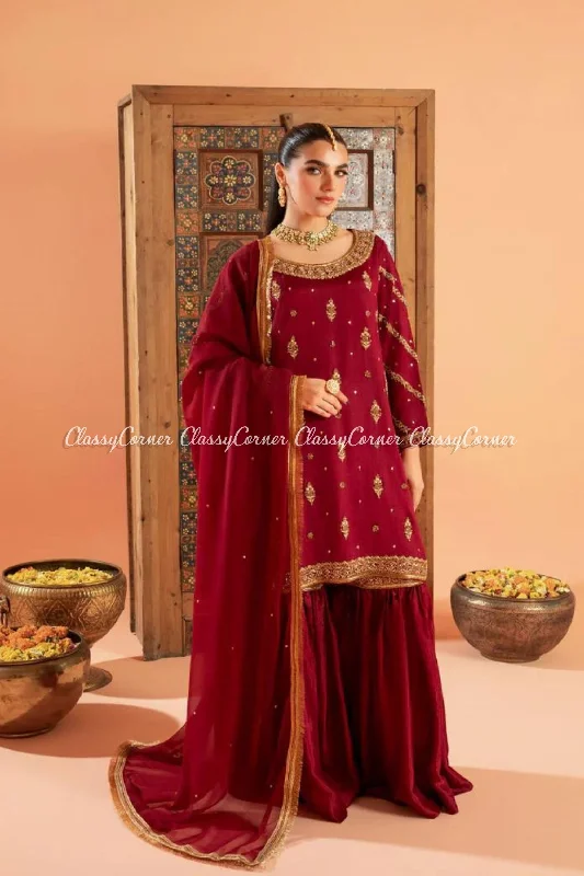 Maroon Golden Silk Gharara Dress Comfortable unclassified dresses