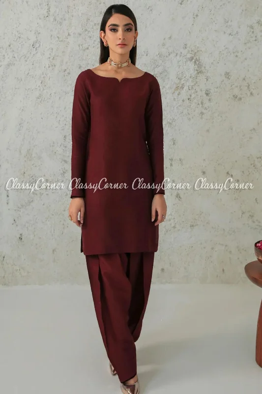 Maroon Solid Silk Pakistani Salwar Kameez Outfit Date night unclassified dresses