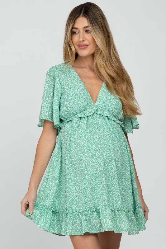 Mint Green Floral Ruffle Accent Cutout Maternity Dress Women's trendy floral dresses sale