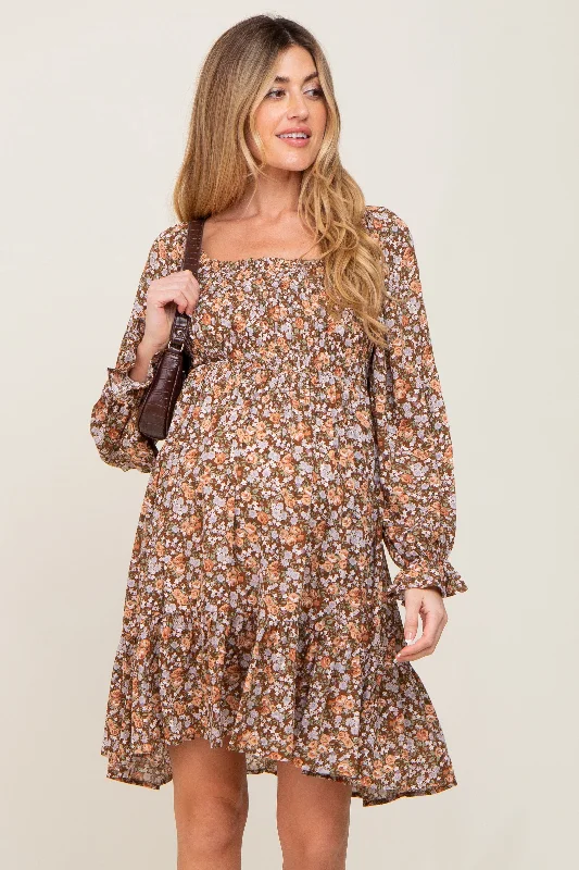 Mocha Floral Smocked Square Neck Maternity Dress Vacation floral dresses