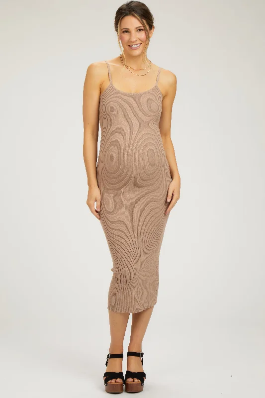 Mocha Ribbed Sleeveless Fitted Maternity Dress Printed unclassified dresses