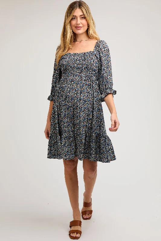 Navy Blue Floral Smocked Maternity Dress Cheap floral dresses