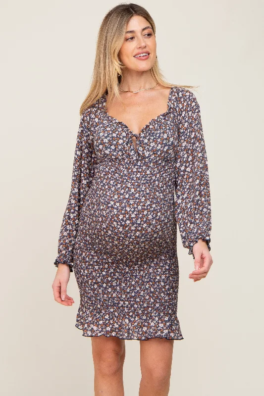 Navy Floral Print Long Sleeve Smocked Maternity Dress Spring floral dresses