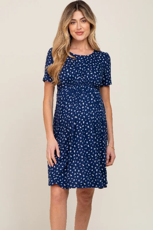 Navy Floral Smocked Short Sleeve Maternity Dress Short floral dresses