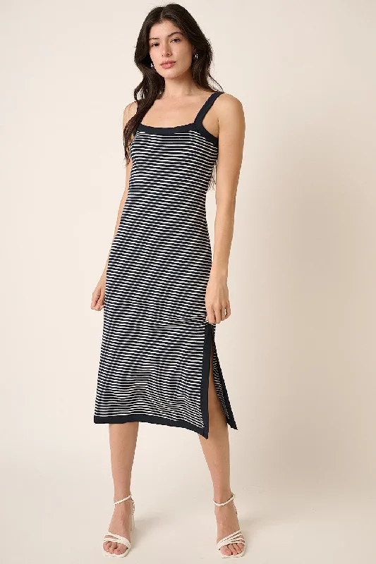 Navy Striped Sleeveless Fitted Side Slit Dress High-end unclassified dresses