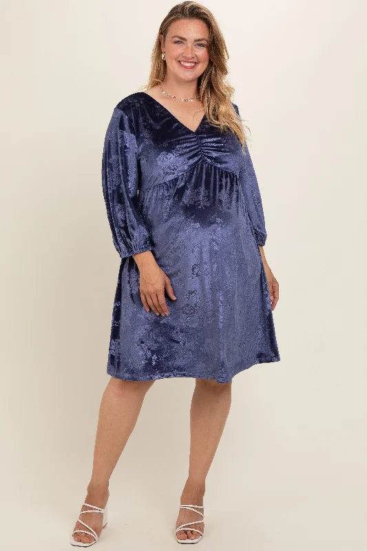 Navy Velvet Floral Ruched Neck Plus Maternity Dress Edgy floral dresses