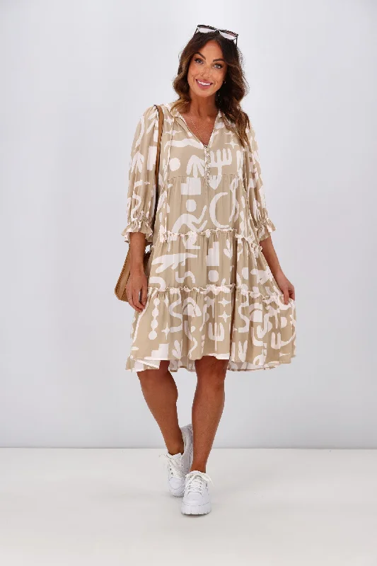 New U Collection Tara 3/4 Sleeve Dress Beige Printed unclassified dresses