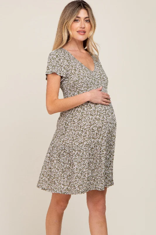 Olive Leaf Printed V-Neck Short Sleeve Maternity Dress Cute floral print summer dresses