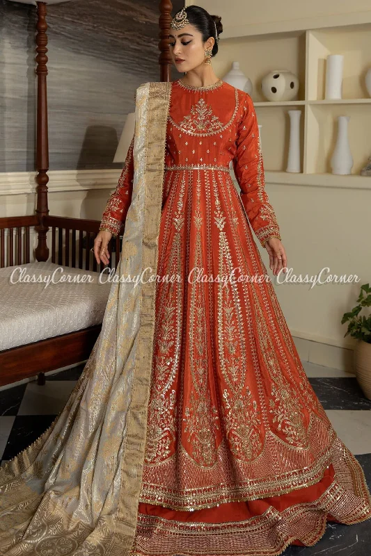 Pakistani Orange Golden Silk Embroidered Bridal Wear Gown Color block unclassified dresses