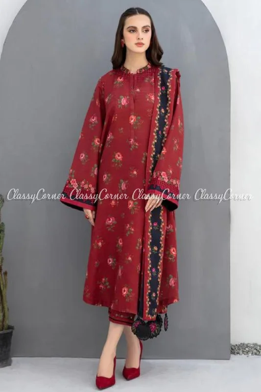 Pakistani Red Multi Khaddar Embroidered Salwar Kameez Trendy unclassified dresses