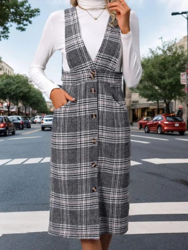 Perfee Pocketed Plaid Overall Dress Casual chic unclassified dresses