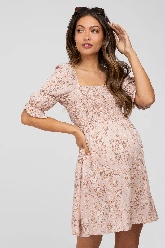 Pink Floral Smocked Square Neck Puff Sleeve Maternity Dress Designer floral dresses